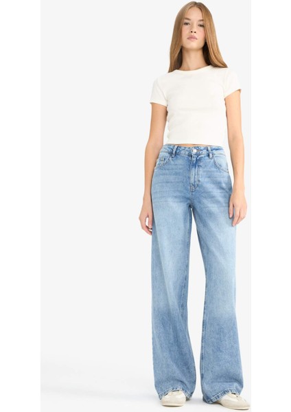 Düşük Bel Uzun Jean Yıkamalı Pantolon