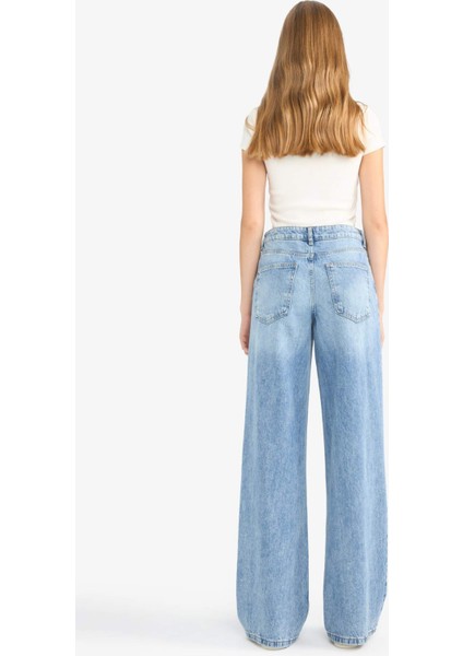 Düşük Bel Uzun Jean Yıkamalı Pantolon