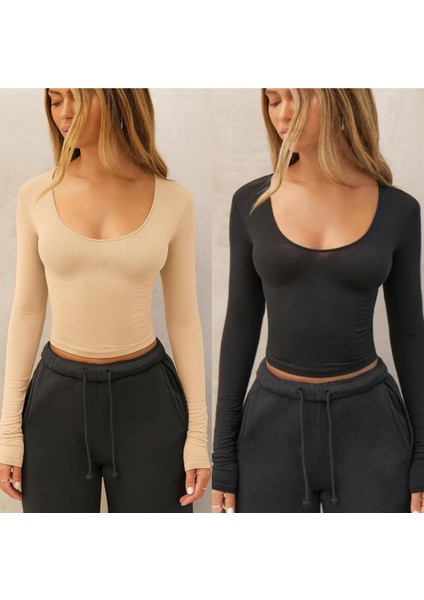 Kare Yaka 2 Li Adet Basic Düz Kumaş Uzun Kollu Likralı Bluz