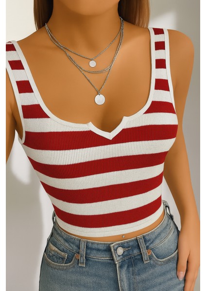 Kadın Fitilli Pamuklu Örme Kaşkorse Küçük Üçgen Yaka Crop Askılı Bluz Atlet