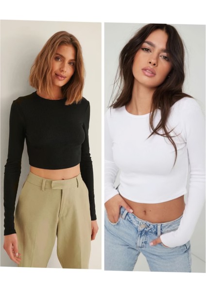 Kadın 2 Li Adet Fitilli %100 Pamuklu Bisiklet Yaka Örme Kaşkorse Uzun Kol Crop Bluz