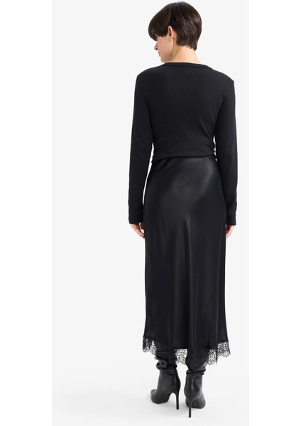 A Kesim Normal Bel Saten Midi Etek