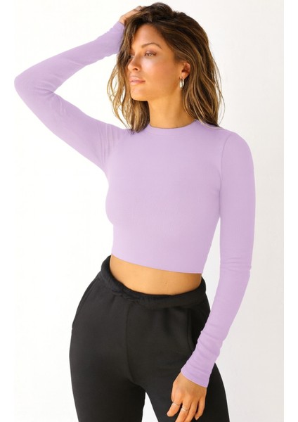 Kadın Fitilli Pamuklu Bisiklet Yaka Örme Kaşkorse Uzun Kol Crop Bluz