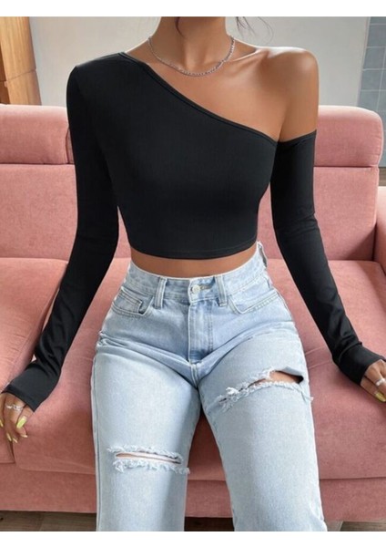 Tek Omuz Açık Takma Uzun Kol Bluz