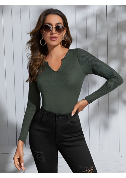 Kadın Kare Yaka Fitilli Kaşkorse Crop Uzun Kollu Bluz