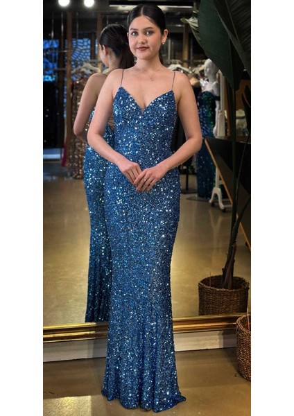 Indigo Ip Askılı V Yaka Sırt Dekolteli Balık Etekli Pul Payet Uzun Abiye Elbise 7714