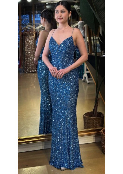 Indigo Ip Askılı V Yaka Sırt Dekolteli Balık Etekli Pul Payet Uzun Abiye Elbise 7714 fiyatları