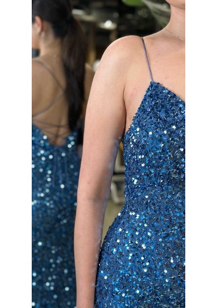 Indigo Ip Askılı V Yaka Sırt Dekolteli Balık Etekli Pul Payet Uzun Abiye Elbise 7714 modelleri