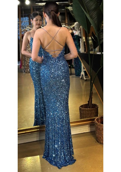 Indigo Ip Askılı V Yaka Sırt Dekolteli Balık Etekli Pul Payet Uzun Abiye Elbise 7714 fırsatları