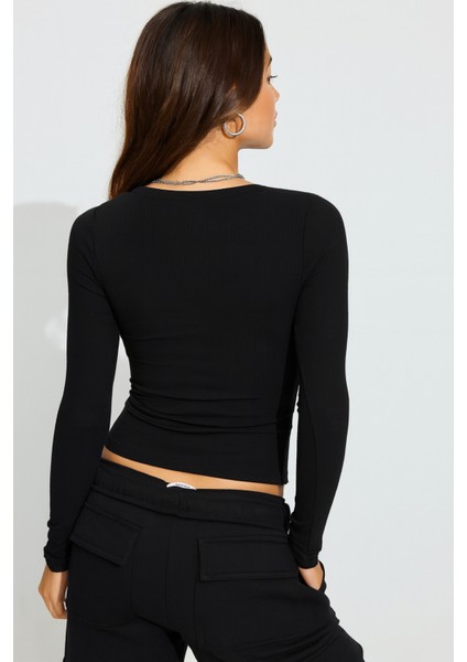 Kadın V Yaka Fitilli Kaşkorse Crop Uzun Kollu Bluz fiyatları