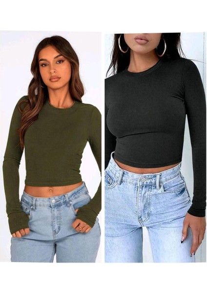 2 Li Adet Kadın Siyah Fitilli Bisiklet Yaka Kaşkorse Crop Bluz