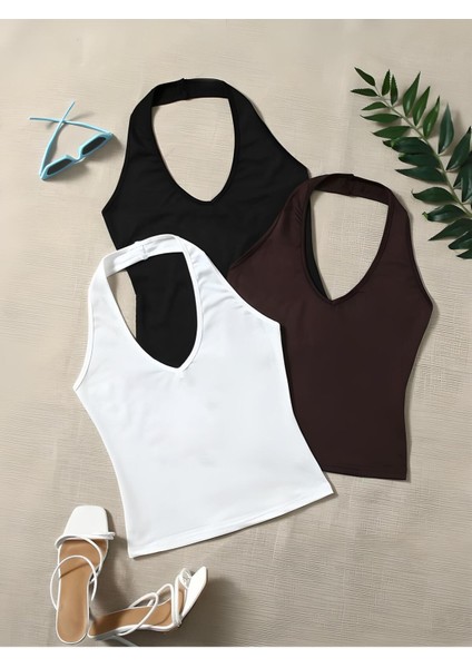 Kadın Çapraz Kolsuz 3 Lü Adet Fitilli Crop Basıc Atlet Bluz