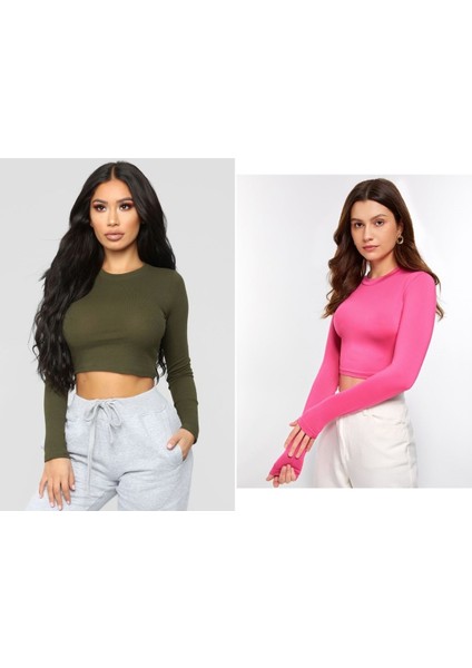 Kadın 2 Li Adet Fitilli %100 Pamuklu Bisiklet Yaka Örme Kaşkorse Uzun Kol Crop Bluzz