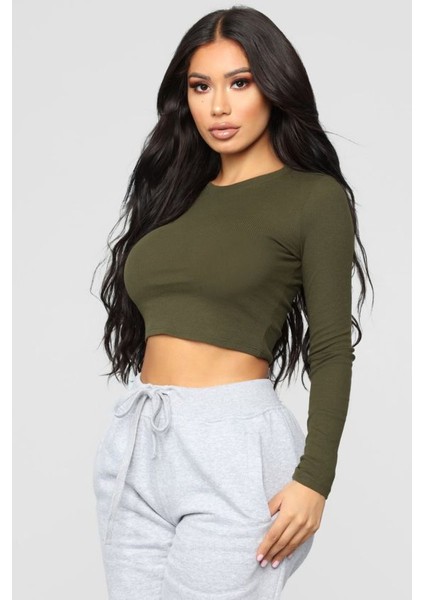 Kadın 2 Li Adet Fitilli %100 Pamuklu Bisiklet Yaka Örme Kaşkorse Uzun Kol Crop Bluzz fiyatları