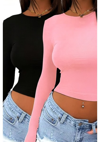Bisiklet Yaka 2 Li Adet Basic Düz Kumaş Uzun Kollu Likralı Bluz
