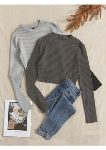 Kadın 2 Li Adet Fitilli Bisiklet Yaka Örme Kaşkorse Uzun Kol Crop Bluz