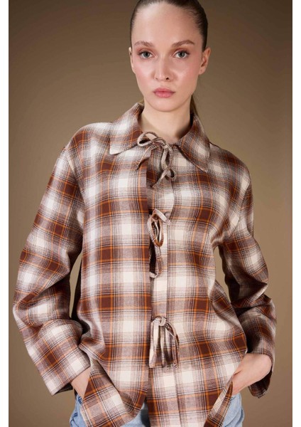 Regular Fit Dama Desenli Flanel Önden Bağlamalı Uzun Kollu Tunik