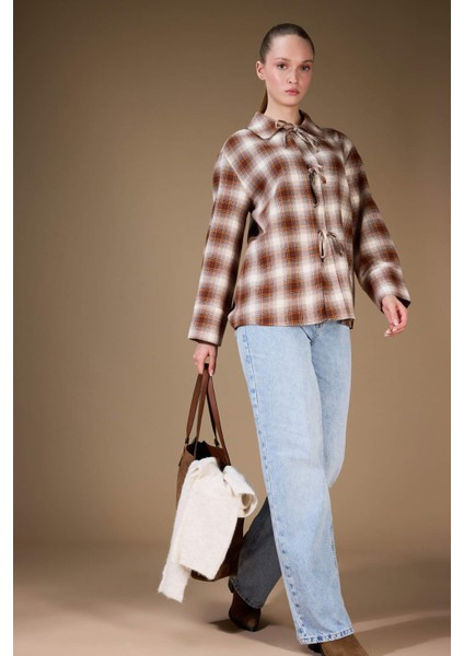 Regular Fit Dama Desenli Flanel Önden Bağlamalı Uzun Kollu Tunik