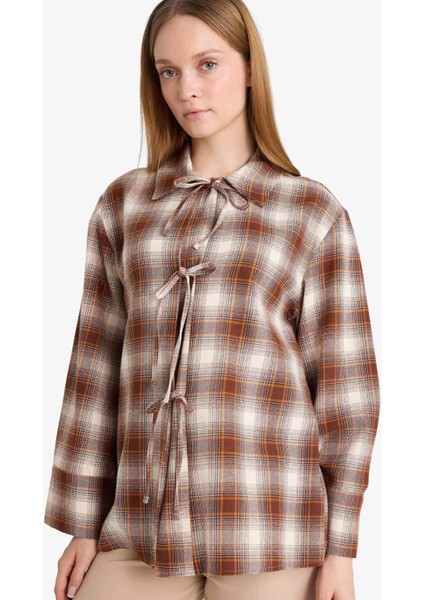 Regular Fit Dama Desenli Flanel Önden Bağlamalı Uzun Kollu Tunik