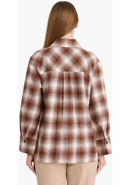 Regular Fit Dama Desenli Flanel Önden Bağlamalı Uzun Kollu Tunik