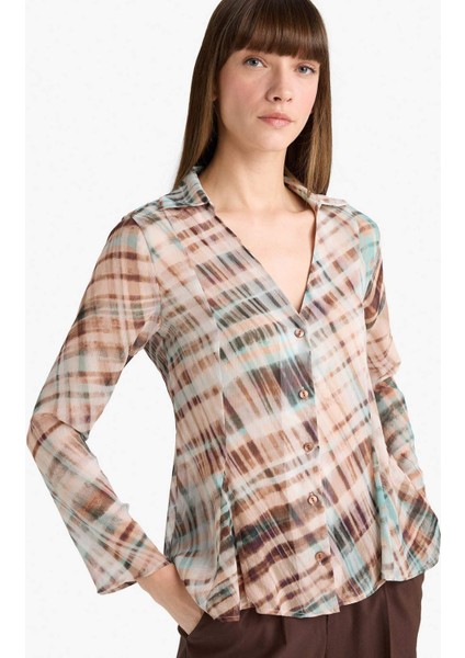 Fitted V Yaka Desenli Şifon Uzun Kollu Gömlek G3062AX25AU