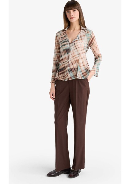 Fitted V Yaka Desenli Şifon Uzun Kollu Gömlek G3062AX25AU