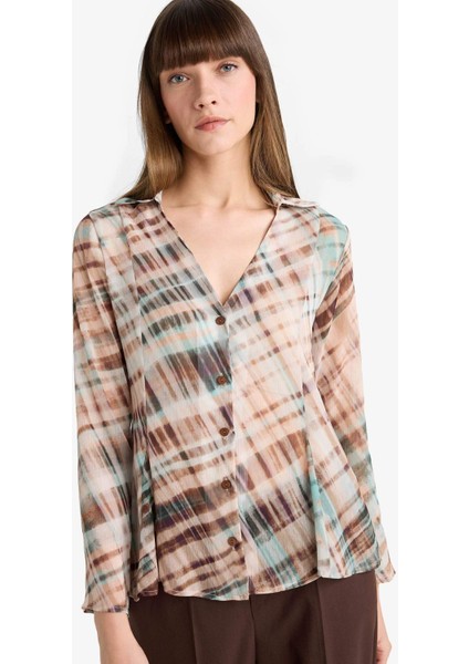 Fitted V Yaka Desenli Şifon Uzun Kollu Gömlek G3062AX25AU