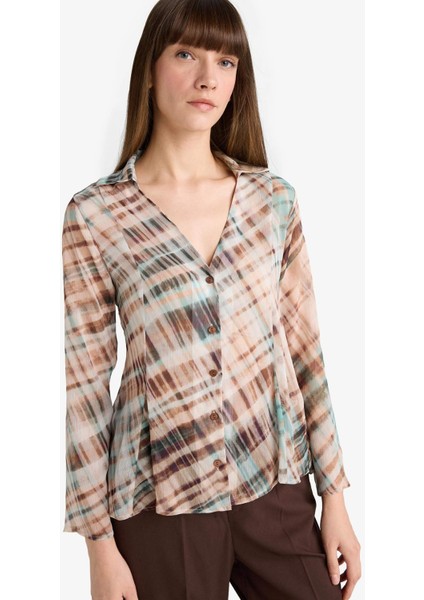 Fitted V Yaka Desenli Şifon Uzun Kollu Gömlek G3062AX25AU