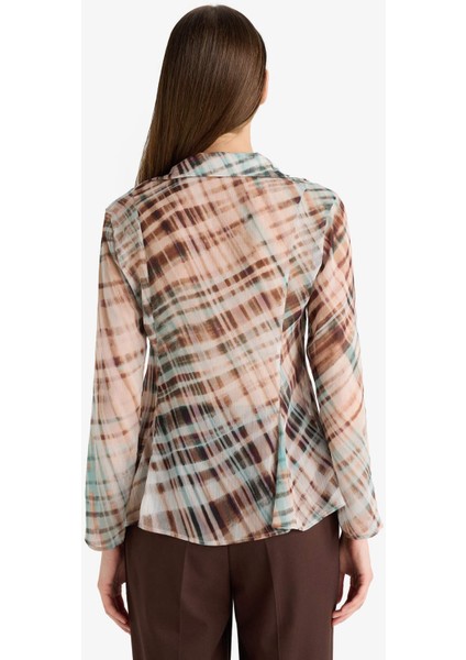 Fitted V Yaka Desenli Şifon Uzun Kollu Gömlek G3062AX25AU