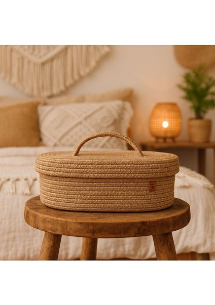 Jüt Hasır Sepet Oval Kapaklı Organizer 30X20