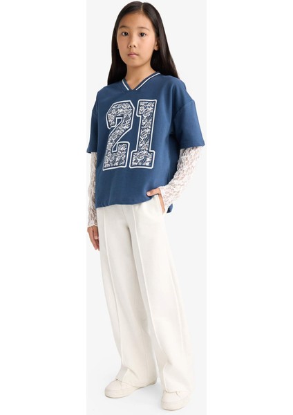 Kız Çocuk 2'li Takım Dantel Detayli Uzun Kollu Tişört Eşofman Altı G1640A825AU