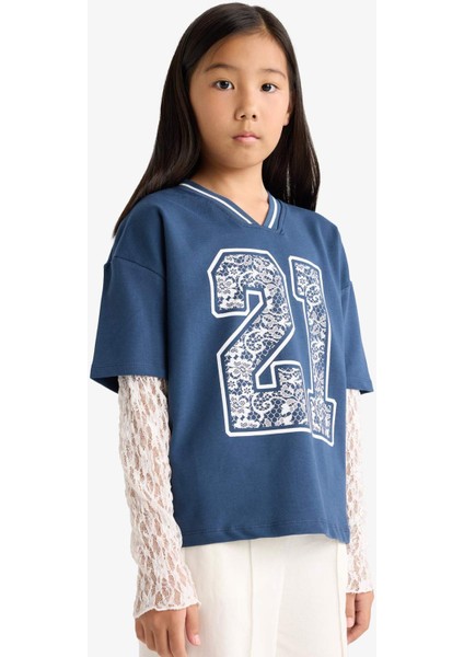 Kız Çocuk 2'li Takım Dantel Detayli Uzun Kollu Tişört Eşofman Altı G1640A825AU