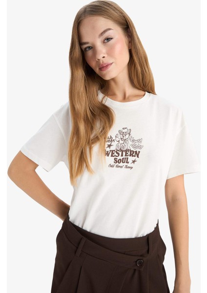 Oversize Geniş Kalıp Bisiklet Yaka Baskılı Kısa Kollu Tişört G3264AX25WN