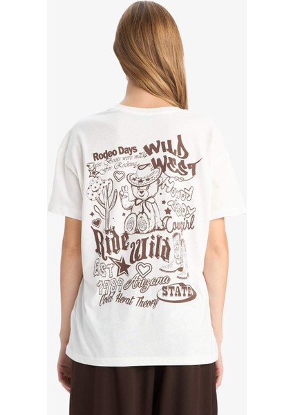 Oversize Geniş Kalıp Bisiklet Yaka Baskılı Kısa Kollu Tişört G3264AX25WN