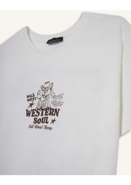 Oversize Geniş Kalıp Bisiklet Yaka Baskılı Kısa Kollu Tişört G3264AX25WN