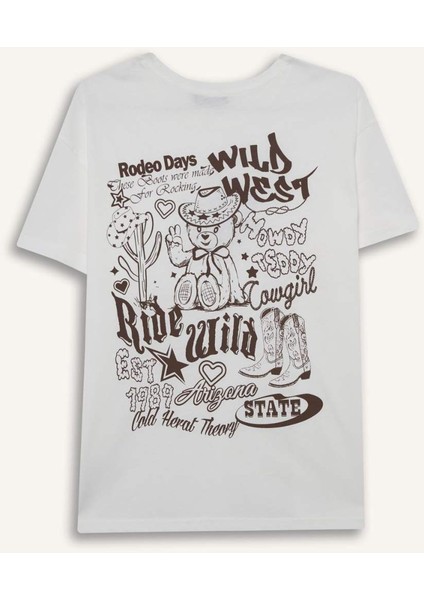 Oversize Geniş Kalıp Bisiklet Yaka Baskılı Kısa Kollu Tişört G3264AX25WN
