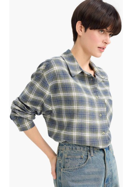 Overshirt Fit Gömlek Yaka Kareli Flanel Uzun Kollu Gömlek