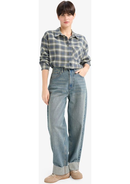 Overshirt Fit Gömlek Yaka Kareli Flanel Uzun Kollu Gömlek