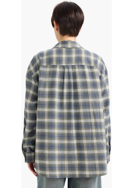 Overshirt Fit Gömlek Yaka Kareli Flanel Uzun Kollu Gömlek