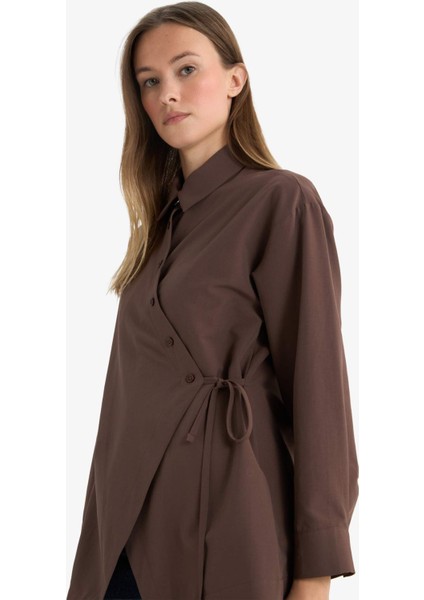 Regular Fit Gömlek Yaka Önden Bağlamalı Poplin Uzun Kollu Gömlek Tunik
