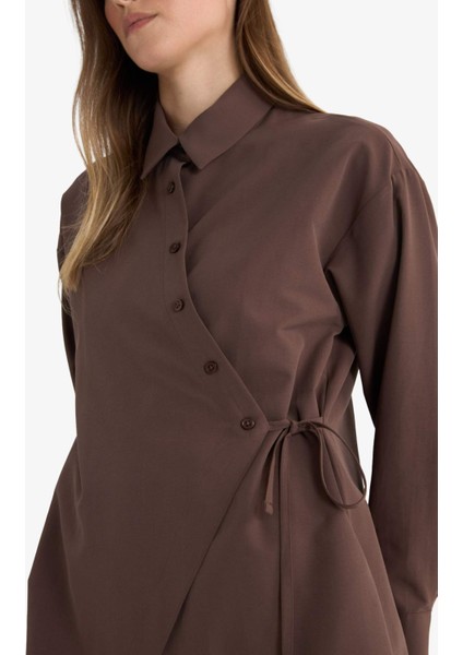 Regular Fit Gömlek Yaka Önden Bağlamalı Poplin Uzun Kollu Gömlek Tunik