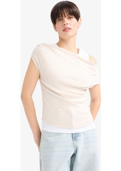 Slim Fit Dar Kesim Tek Omuzlu Ribana Kısa Kollu Tişört G0316AX25AU