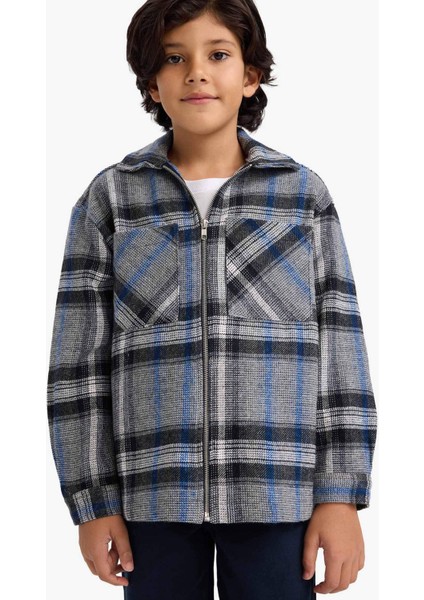 Erkek Çocuk Polo Yaka Ekose Desenli Fermuarlı Flanel Ceket G3295A825WN