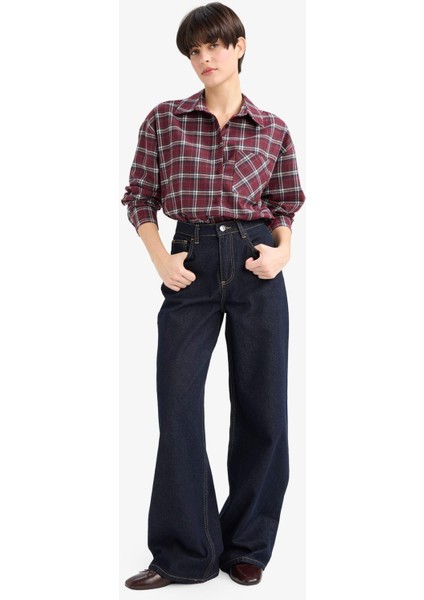 Overshirt Fit Gömlek Yaka Kareli Flanel Uzun Kollu Gömlek