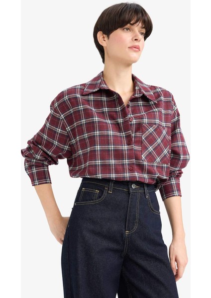 Overshirt Fit Gömlek Yaka Kareli Flanel Uzun Kollu Gömlek