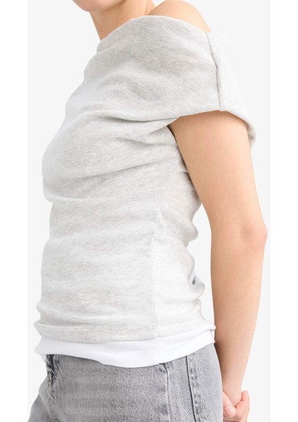 Slim Fit Dar Kesim Tek Omuzlu Ribana Kısa Kollu Tişört G0316AX25AU