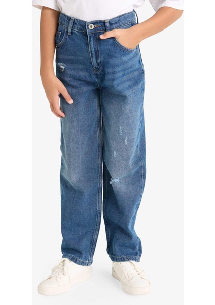 Erkek Çocuk Loose Fit Yırtık Detaylı Düz Paça Jean Pantolon