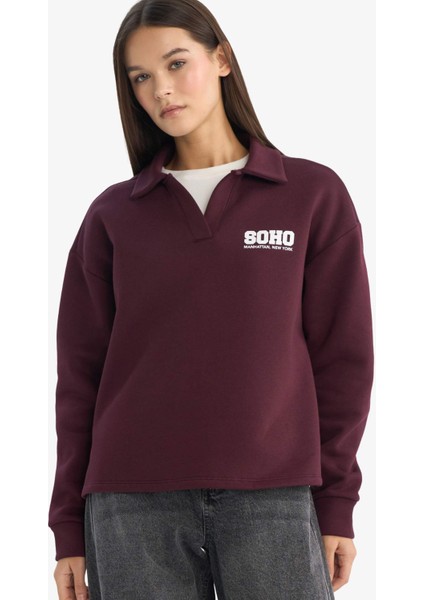 Coool Oversize Geniş Kalıp Polo Yaka Baskılı Sweatshirt