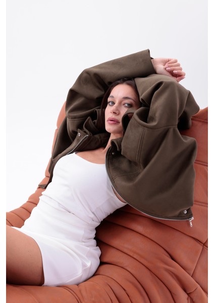 Oversize Haki Süet Bomber Ceket Şık Tarz