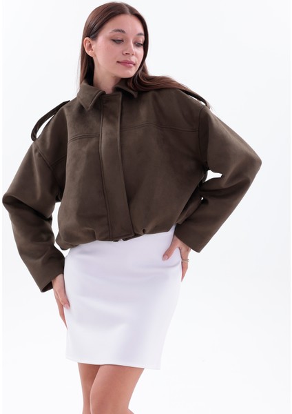Oversize Haki Süet Bomber Ceket Şık Tarz